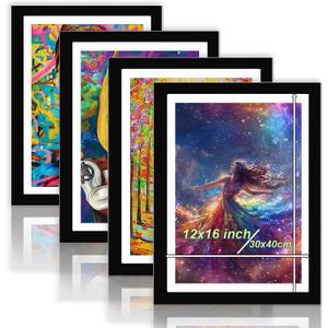 Betionol Diamond Painting Frames Set of 4, Display 12x16in/30x40cm Diamond Painting Kits or Photos, Black Natural Solid Wood Picture Frame with Acrylic Protection Glass, Back Mat And Hanging Kit