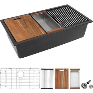 28 Granite Composite Kitchen Sink - Fulorni 28"x19" Granite Kitchen Sink Ledge Workstation Undermount Matte Black Quartz Classic Under Counter Single Bowl Sink Basin