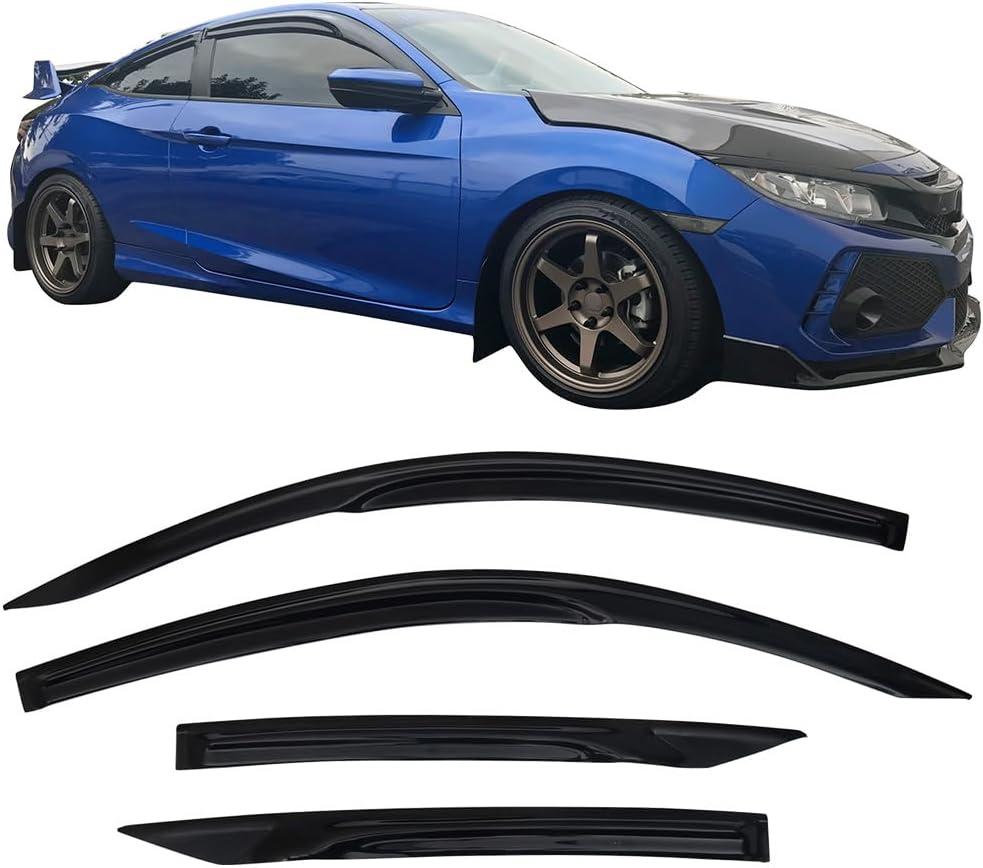 IKON MOTORSPORTS Tape On External Window Visor, Compatible with 2016-2020 Honda Civic Coupe 2Dr 10th Gen FC FC3 FC4, Transparent Smoke Tinted Mugen Style Air Deflector Sun Shade Rain Guard Wind Vent