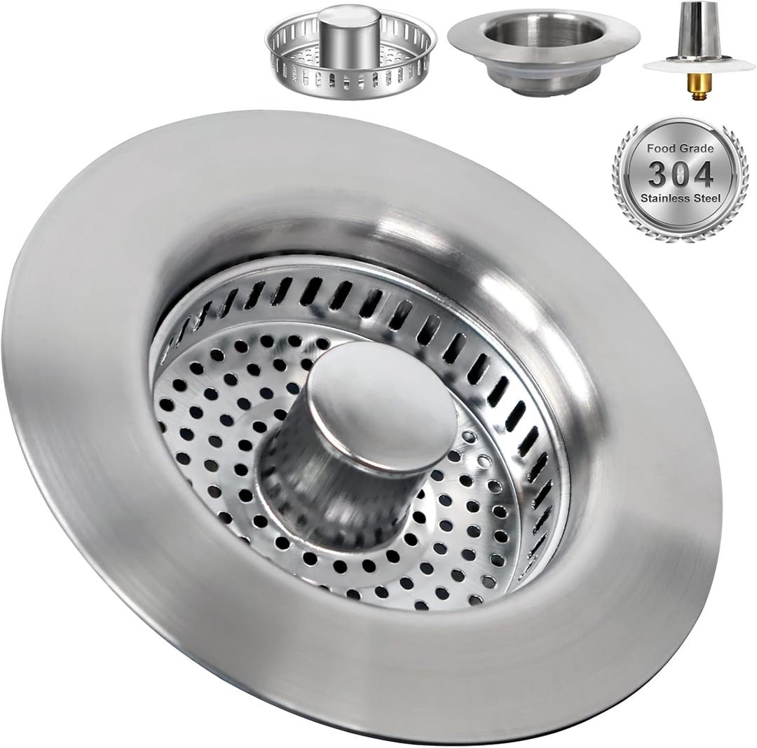 The Ultimate Kitchen Sink Solution: 3-in-1 Drain Strainer & Stopper. 304 Stainless Steel, Anti-Clogging, Anti-Odor for US Standard Drains. Easy Clean! (2)
