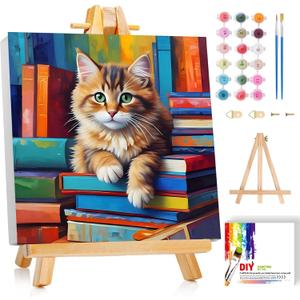 ajepon Cat Paint by Numbers Kit for Kids with Frame - Cute Cat Paint by Number for Kids, Cats Kid Painting by Number Kits Age 6-8 for Home Wall Decor 8X8inch (with Wooden Easel)