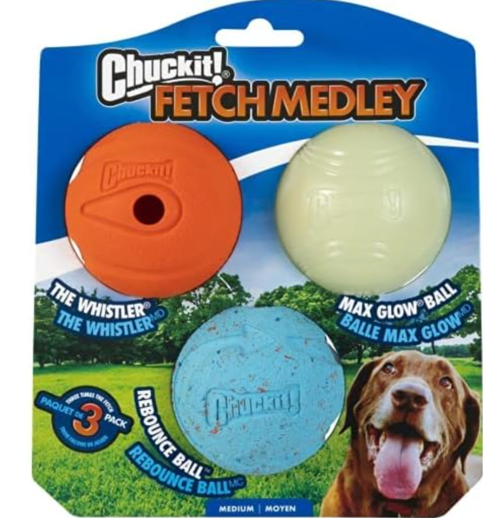 Chuckit! Ultra Ball Fetch Toy for Dogs, Medium Pack with Fetch Balls (Medium, Max Glow, Rebounce) and Cleaning
