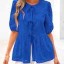 KIRUNDO Peplum Tops for Women 2026 Summer Eyelet Tie Front Blouses Casual Short Lantern Sleeve Cute Y2K Lace Babydoll Shirts (Blue, S)