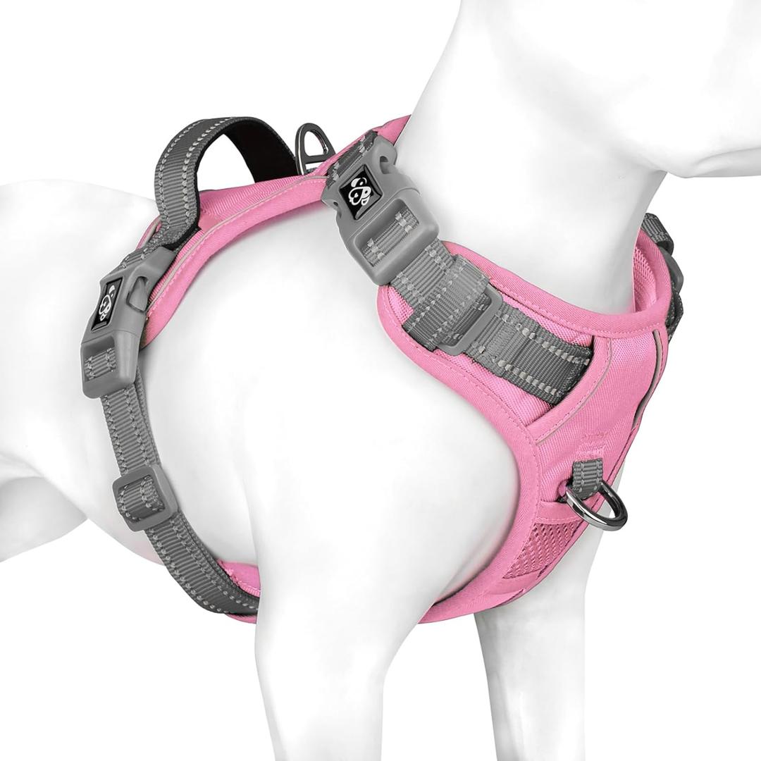 PHOEPET No Pull Dog Harness, Unique Colors Reflective Adjustable Dog Vest, with Soft Training Handle Metal Clips for Small Medium Large Dogs (Baby Pink Base & Grey Straps, L)