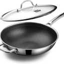 Wok pan,Hybrid 12 Inch Wok with Lid, PFOA Free Cookware,non stick Stainless Steel Woks & Stir-fry pans Nonstick, Dishwasher and Oven Safe, Works on Induction