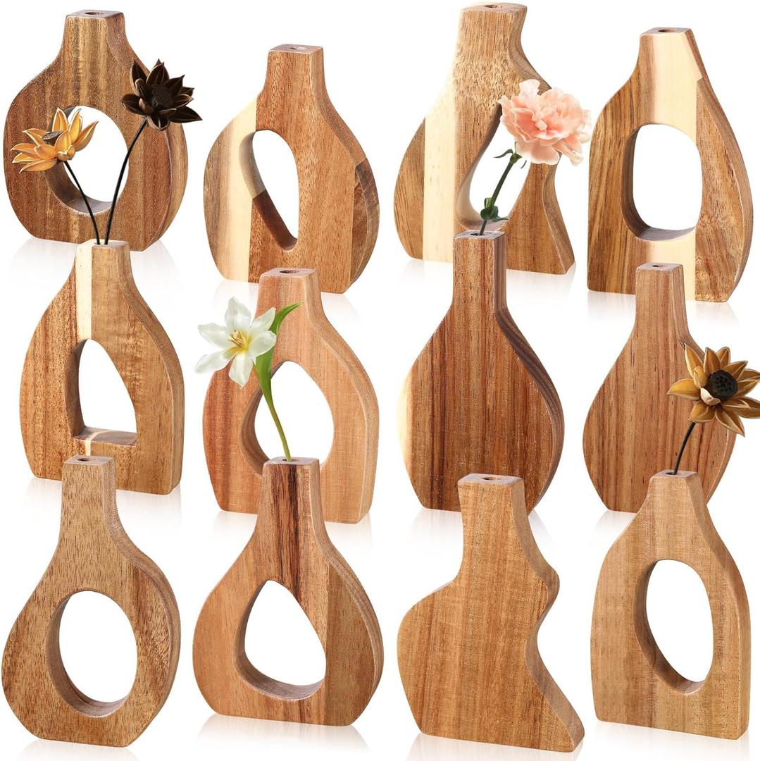 Blulu Set of 12 Small Wooden Vases Bulk for Centerpiece Mini Acacia Wood Vase for Faux Flowers Housewarming Gift Boho Minimalist Home Decor for Kitchen Table Living Room