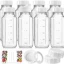 8 Pack 16 Oz Reusable Glass Milk Bottles w 100% Airtight Heavy Duty SCREW Lid w Silicone Gasket - Glass Juice Bottles w Capacity Mark - Beverage Drinking Jar Juice Container(Extra 2 Lid)