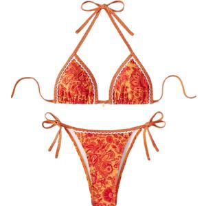 Women's Floral Printed Bathing Suit Halter Paisley Summer Swimsuit Bikinis Set (Medium, Orange)