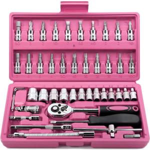 Egofine 46 Pieces 1/4 inch Drive Socket Ratchet Wrench Set, with Bit Socket Set Metric and Extension Bar for Auto Repairing and Household, with Pink Storage Case