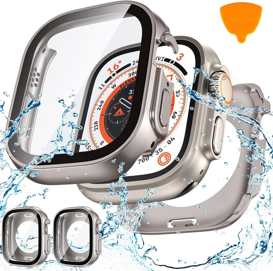 Goton 2-Pack for Apple Watch Ultra 3/2/1 Screen Protector Case 49mm, Waterproof PC Bumper with Tempered Glass for iWatch 49 mm, 360 Full Cover, Shockproof Scratch-Resistant, Easy Install (Titanium+Titanium)