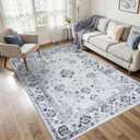 FinRec 4x6 Rugs for Living Room, Washable Vintage Floral Bedroom Rug, Non-Slip Low Pile Area Rug, Ultra-Thin Foldable Accent Indoor Carpet for Kitchen Dining Room Kids Room Home Office - Grey (White and Grey)