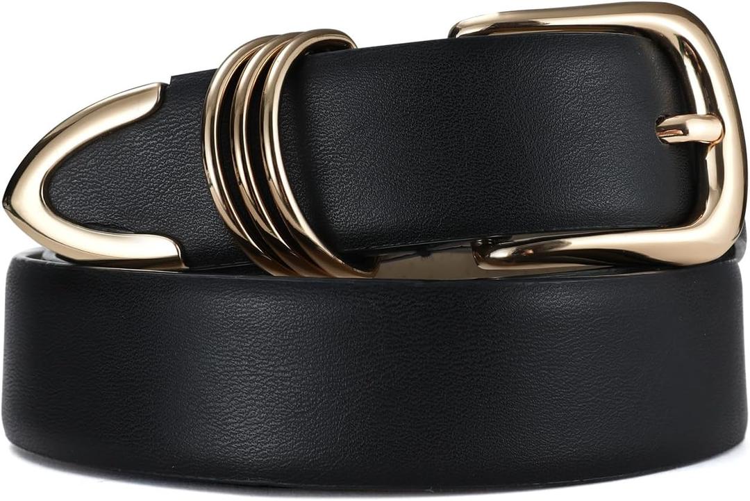 Women's Leather Belts with Gold Buckle Fashion Leather Waist Belt Elegant Ladies Belts for Jeans Dress & Casual Wear (Black)