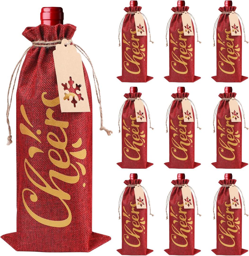 CCINEE 12Pcs Christmas Burlap Bags for Wine Bottles Gifts, Reusable Holiday Cheers Wine Gift Bags with Drawstrings And Tag for Christmas Holiday Family Party (middle)