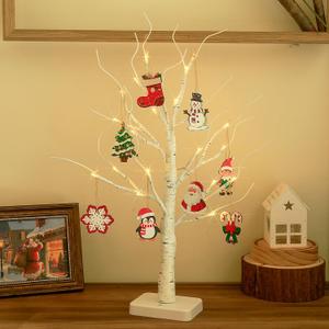 EAMBRITE Lighted Birch Tree with Christmas Ornaments, Small Christmas Trees with Led Lights, White Twinkling Tree Decorations Tabletop Centerpieces for Home Table Bedroom Indoor Decor (22inch)