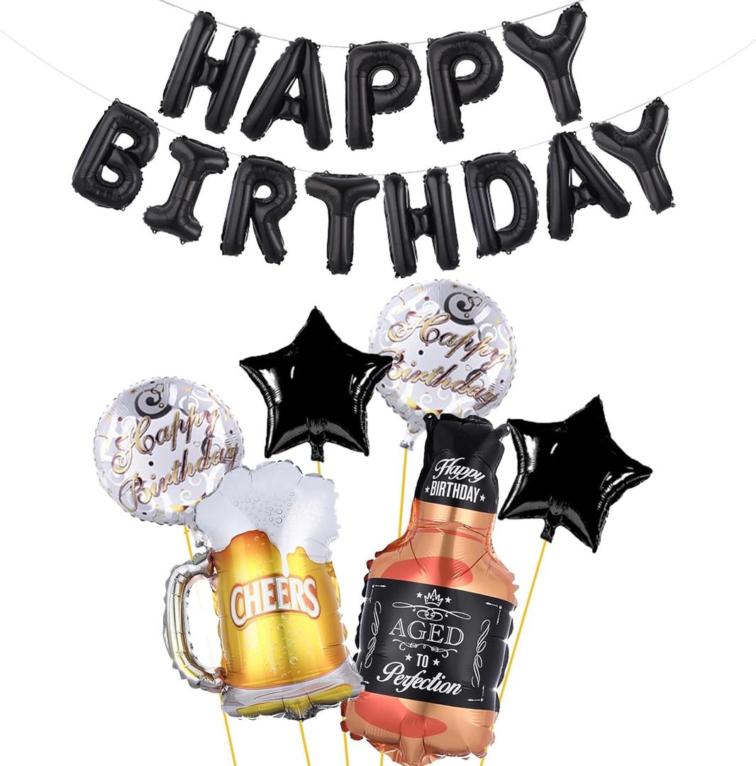 Beer Cup Balloons Whiskey Bottle Beer Mug Shape Black Happy Birthday Mylar Foil Balloon 16 Inch Summer Party, Birthday Party Decorations for Women and Men (Black Balloons)