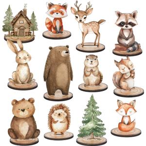 FYSUIMU 12Pcs Woodland Animal Table Centerpiece Forest Animal Wood Tabletop Detachable Sign Rustic Tiered Tray Decor for Baby Shower Gender Reveal Birthday Photo Props Party Favor Supplies, 3.4 x 3.5 inches
