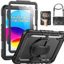SEYMAC Case for iPad (A16) 11th/10th Generation 2025/2022 (11/10.9), Sturdy Heavy Duty Full-Body Shockproof Protective Case with Screen Protector, Rotating Stand, Hand/Shoulder Strap, Black