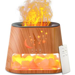 Flame Essential Oil Diffuser & Himalayan Salt Lamp: 260ml Aromatherapy Diffuser & Ultrasonic Cool Mist Humidifier with Himalayan Pink Salt Rock, Remote, 7-Color LED, 3 Timer (Moon Star + Wood Grain)