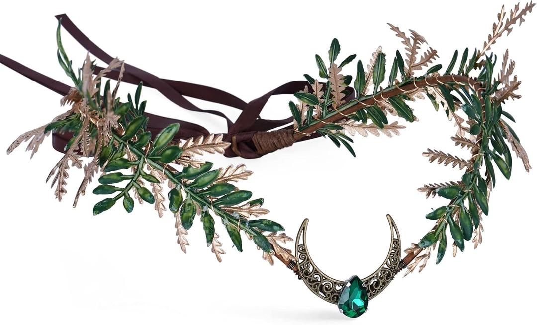 MOSTORY Elf Flower Crown Headband - Handmade Floral Headpiece Fairy Crown for Women Renaissance Cosplay Photo Shoot (Gold Emerald)