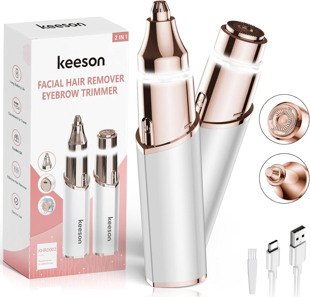 KEESON Facial Hair Removal for Women, 2-in-1 Electric Eyebrow Trimmer with LED Light, Rechargeable Hair Removal Device Face Shaver Facial Hair Remover for Women Face, Lip, Peach Fuzz (White)