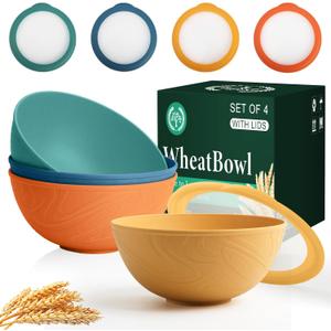 Homienly Wheat Straw Bowls with Lids Salad Bowl 40 OZ Unbreakable Cereal Bowls for Kitchen, RV, Lunch Microwave Safe Camping Bowls Dishwasher Safe Soup Bowls Reusable Food Storage Bowls Multi, 4 Sets