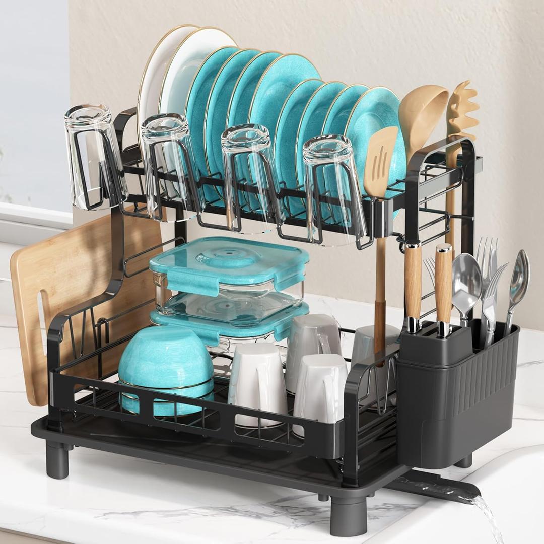 BOOSINY Dish Drying Rack, 2 Tier Large Stainless Steel Black Dish Rack for Kitchen Counter, Drying Rack with Cups Holder, Utensil Holder and Drainboard Set, Dish Strainer Shelf for Kitchen