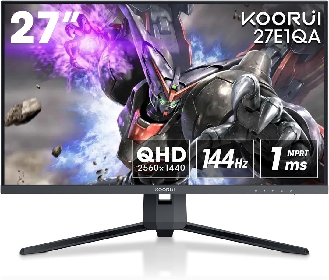 KOORUI 27-inch Gaming Monitor 144Hz QHD(2560 x 1440p) 2K, 1ms, DCI-P3 90% Color Gamut, Adaptive G-Sync, FreeSync Premium, HDMI x 2, DisplayPort, 27E1QA (27"/QHD/144Hz)