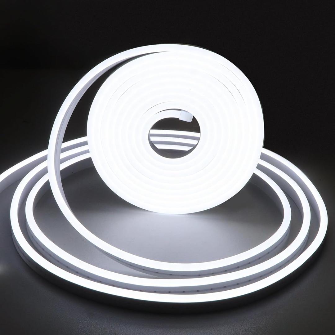 Neon LED Strip Light - LED Neon Strip Light 16.4ft/5m 12V DC,Cut Length 0.39''/1cm Silicone LED Neon Flexible Strip Light for Indoor Outdoor DYI Signage Decoration (Power Adapter not Included) (White)