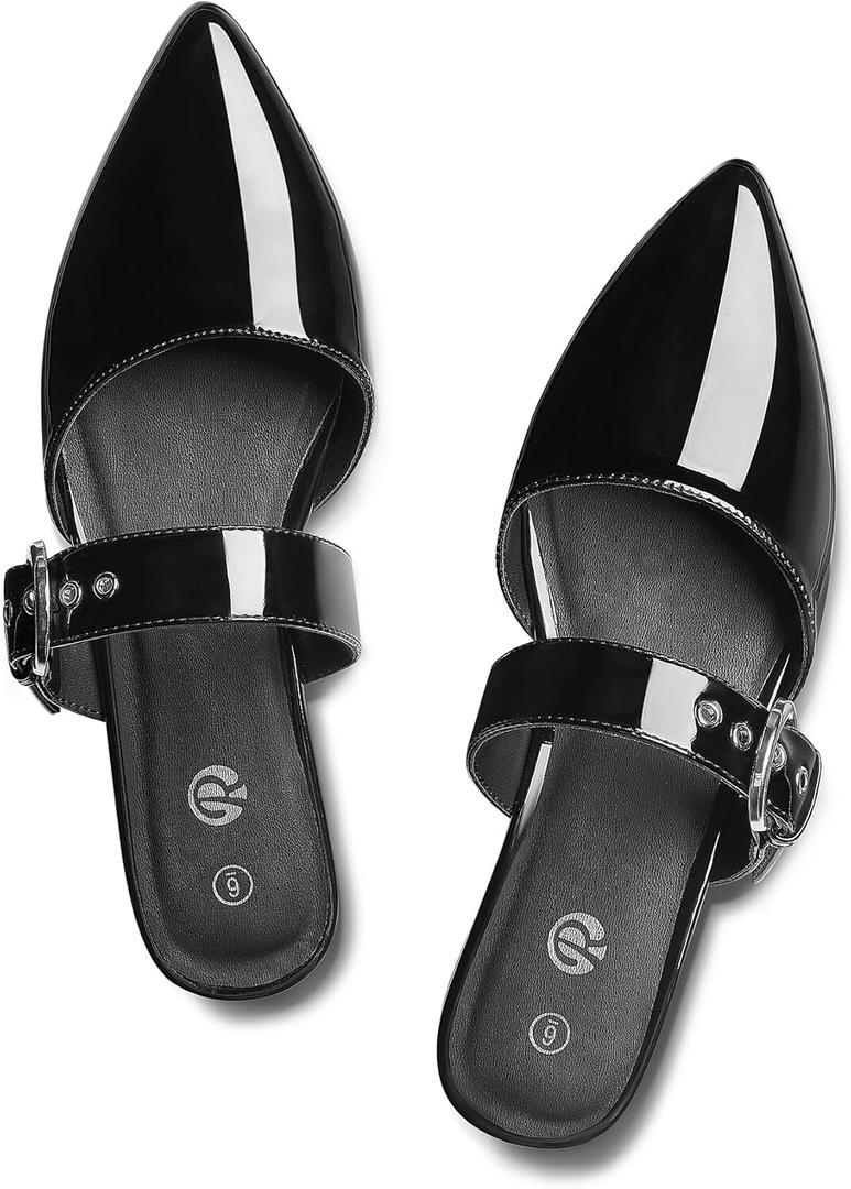 Rekayla Mules for Women Adjustable Strap Pointed Toe Backless Loafer Shoes (8, Patent Black)