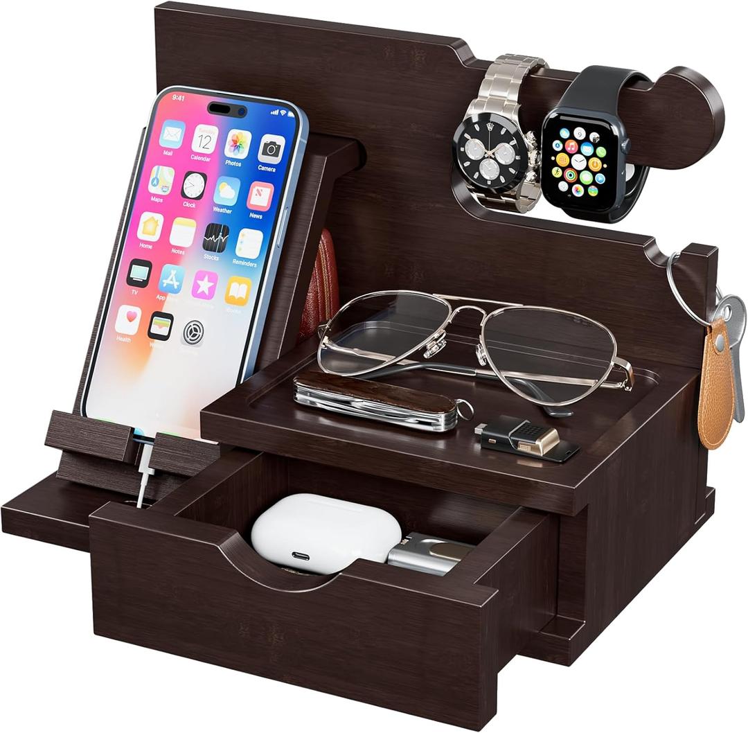 Yirilan Wood Phone Docking Station, Nightstand Organizer, Birthday Gifts for Men -Gifts for Dad/Boyfriend/Grandpa, Anniversary, Christmas, Graduation Travel Idea Gadgets-Brown (XL)