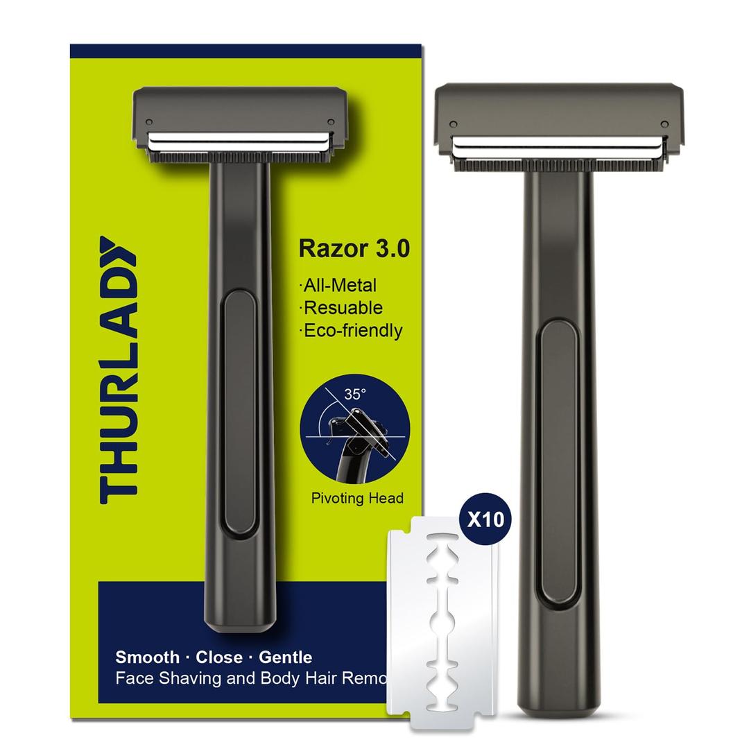 Razors for Men, Dual-Blade Safety Razor with Pivoting Head, Reusable Metal Shaving Razor, with 10 Double Edge Blades, Smooth Close Shave, Matte Black