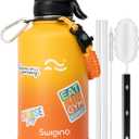 [2-IN-1 LID] 64 oz Insulated Water Bottle with Silicone Boot (48hrs Cold/24hrs Hot) - DIY Stickers, Leakproof, BPA Free, Half Gallon (Yellowish Orange)