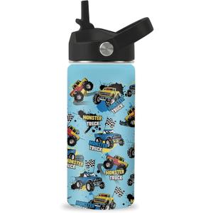 Monster Truck Boys Water Bottle, 16oz Kids Stainless Steel Insulated Water Bottle with Straw Lid, Monster Truck Cup Tumbler Gifts for School