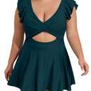 B2prity Women's Plus Size Swimsuit Tummy Control One Piece Swimdress Ruffle V Neck Cutout Wrap Bathing Suit with Skirt Peacock Green.18