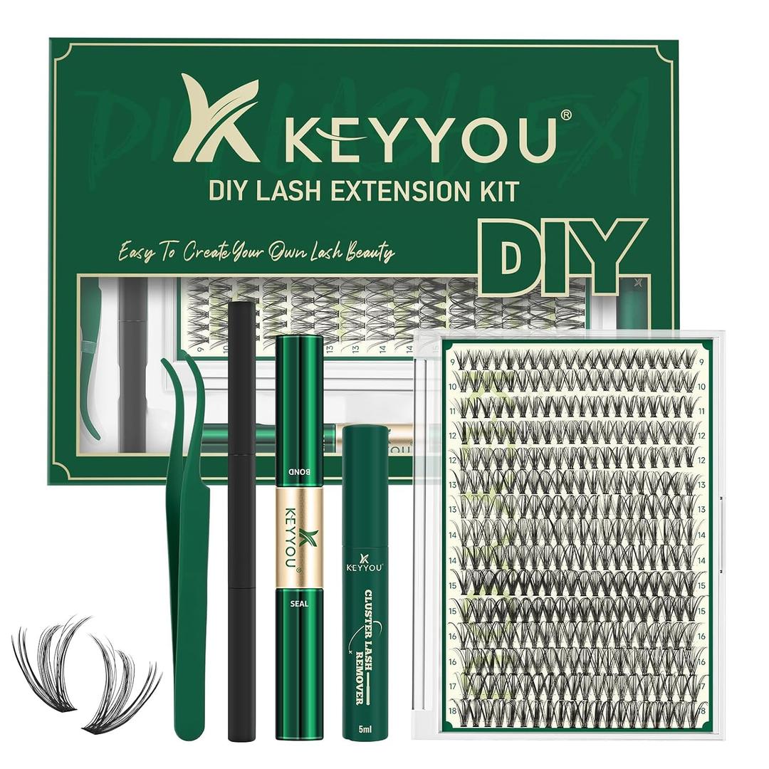 KEYYOU Lash Extension Kit DIY 300Pcs Lash Clusters Eyelash Extension Kit 30D C Curl 9-18MIX Lash Clusters Kit with Lash Glue Remover Applicator Easy to Use for Beginners(Kit,30D-C,9-18MIX)
