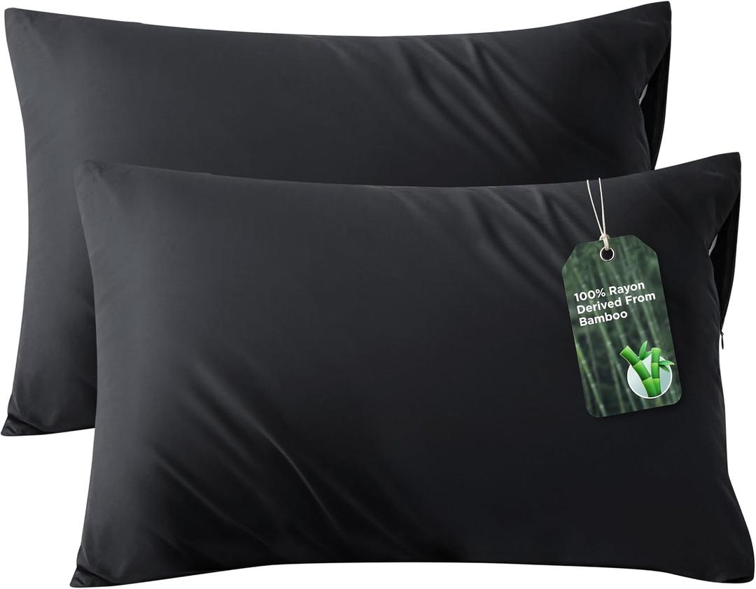 Bedsure Zipper Pillow Cases Standard Size, Cooling Pillow Cases Set of 2, Rayon Derived from Bamboo Cooling Pillowcase for Hot Sleepers, Soft & PureWoven Pillow Covers, Gifts, Black, 20x26 Inches