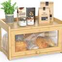 BAMBANG Bamboo Bread Box for Kitchen Countertop, Extra Large Farmhouse Bread Box with 4-Side Clear Panels, Wooden Bread Storage Container for Homemade Bread, Natural