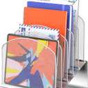 Inclined Desk File Organizer, 5-Section Vertical File Folder Holder Stand Metal Rack File Sorter for Office Classroom Desktop Organization (Silver, 1Pack)