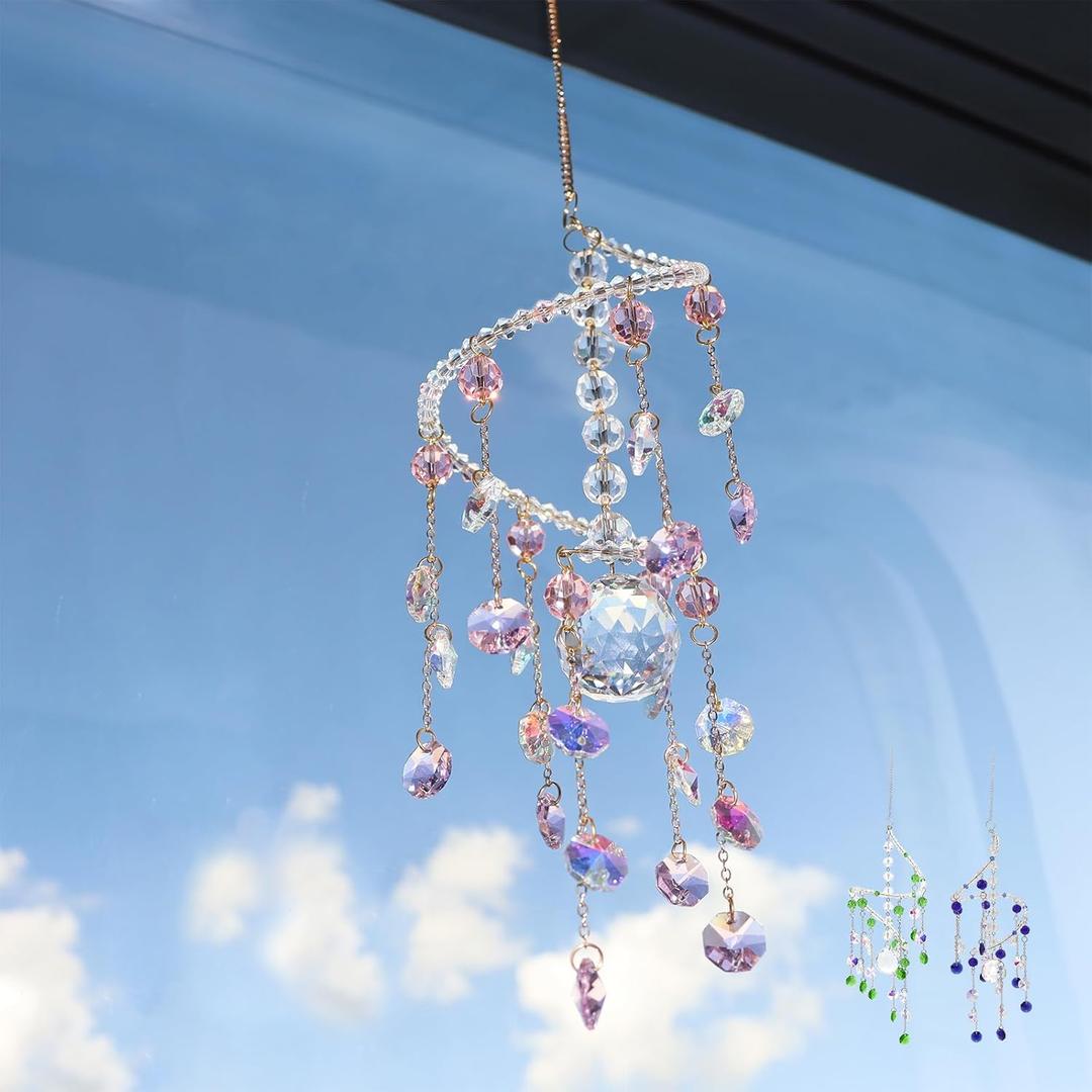 Geili Hanging Crystal Sun Catcher for Windows,Hanging Decor Crystal Glass Suncatcher for Outside,Boho Indoor Crystals Window Suncatcher,Spiral Crystals Wind Chimes Sun Rainbow Light Catcher(Pink)