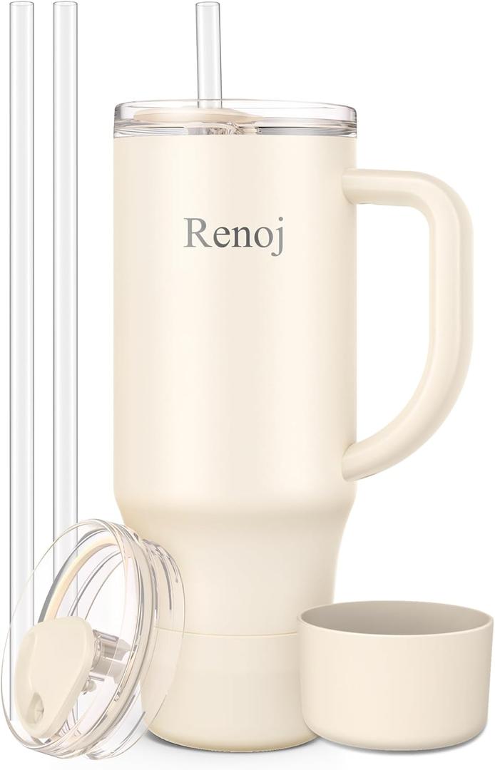 Renoj Insulated Mug 100% Spill Resistant Insulated Water Bottle for Iced Coffee & Hot Drinks - Fits Car Cup Holder, Ideal Gift, 2 Straws & Silicone Boot - FlexSlide White 40 oz