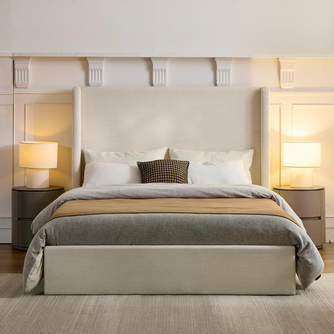 GDFStudio Queen Size Upholstered Wingback Bed with 54" Tall Headboard, Modern Minimalist Design Platform Bed, Textured Canvas Chenille, Easy Assembly, Sturdy Frame, Box Spring Required, Ivory