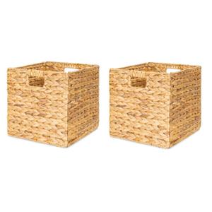 DAJAMAI 10.5 "Foldable Large Cube Water Hyacinth Wicker Storage Basket with Handles and Built-in Metal Frame ,2PCs Stylish and Durable Hand Woven Bin Perfect for Shelves and Living Room Organizing