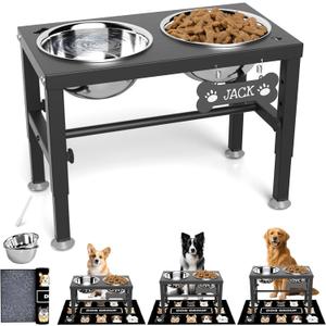 SHAINFUN Elevated Dog Bowls with Mat for Medium Large Dogs, Raised Dog Bowl Stand with 2 Stainless Steel 58oz Bowls, Tall Dogs Food Water Bowl Holder (Black-1.7l)