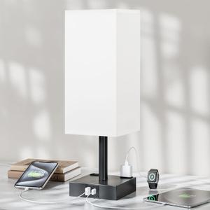 Touch Bedside Table Lamp For Nightstand - 3-Way Dimmable Night Lamp with USB A + Type C Charging Ports and two AC Outlets, Small Desk Light with E26 LED Bulb for Bedroom Living Room ,WHITE BLACK (14.0in)