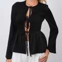 Women's Long Sleeve Shirred Peplum Going Out Tops Y2K Tie Front Babydoll Shirt Blouses (Black, M)