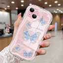 Compatible for iPhone 15 Case, Pretty Butterfly Print Three-Dimensional Wave Clear Case for Girls Women, Soft Full Package Anti-Fall Cover for iPhone 15, Water Blue Butterfly