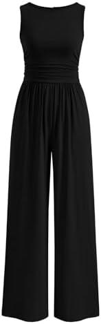 PRETTYGARDEN One Piece Jumpsuits for Women Dressy Casual Sleeveless Crewneck Wide Leg Rompers Jumpers Vacation Summer Outfits, Large, Black