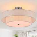 21.7" Large Chrome Flush Mount Ceiling Light, Linen 4-Light Fixture | Beige Linen Double Drum Shade, Modern For Bedroom, Living Room, Kitchen, Dining Room, Nursery,Close-To-Ceiling, E26, Dimmable
