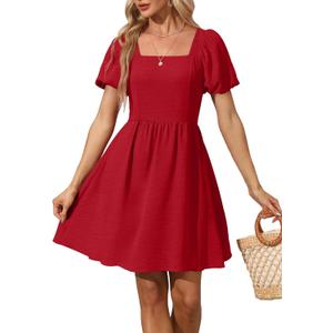 OFEEFAN Women Puff Sleeve Square Neck Tie in Back Dresses with Zipper (Red, XXL)