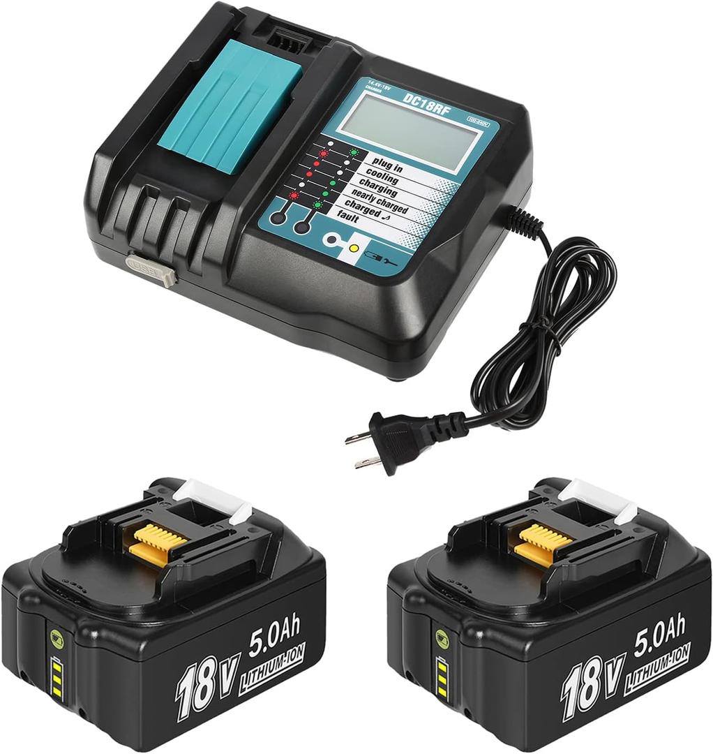 2 Pack 18V 5000mAh Lithium-ion Replacement Battery for Makita and 14.4V-18V Replacement Charger for Makita BL1830 BL1850 BL1840